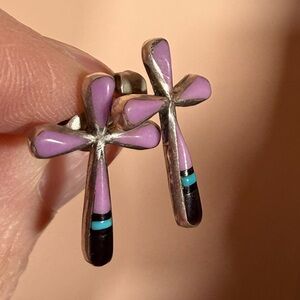 Vintage Native American Zuni Mosaic stone sterling silver cross earrings